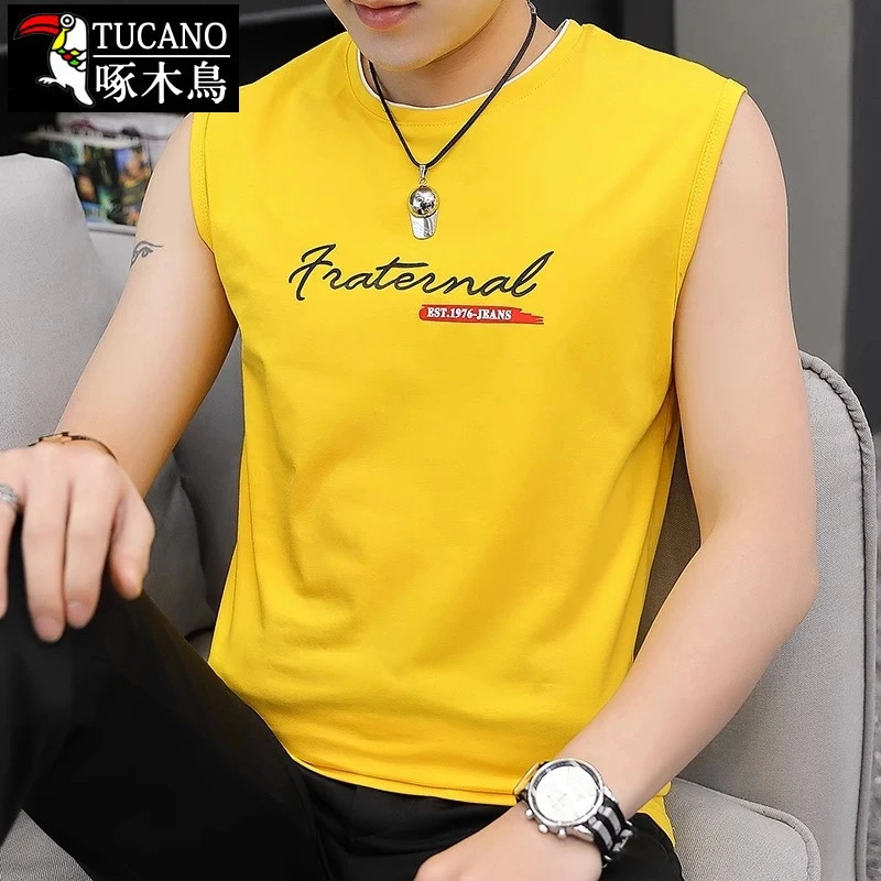 啄木鳥 男士背心夏季无袖t恤纯棉砍袖运动修身汗衫潮流坎肩衣服男