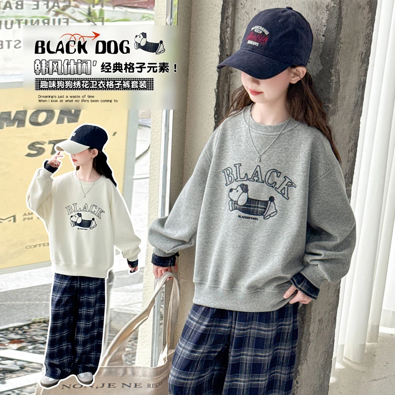 女童套装上衣2025新款儿童洋气格子小狗套装中大童秋季两件套