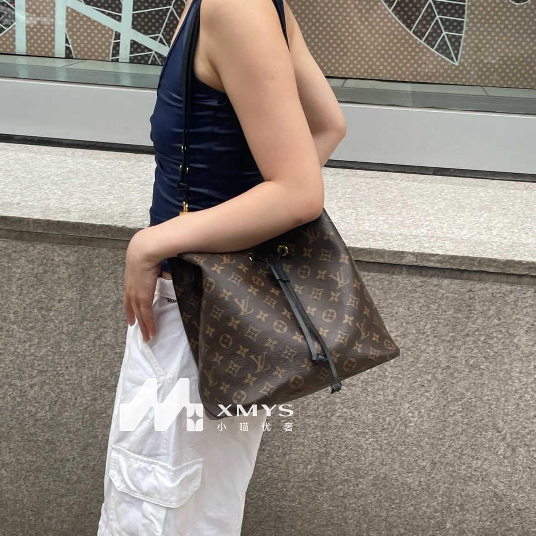 95新 LouisVuitton/路易威登 lv noe老花黑桶牛皮水桶单肩包养护