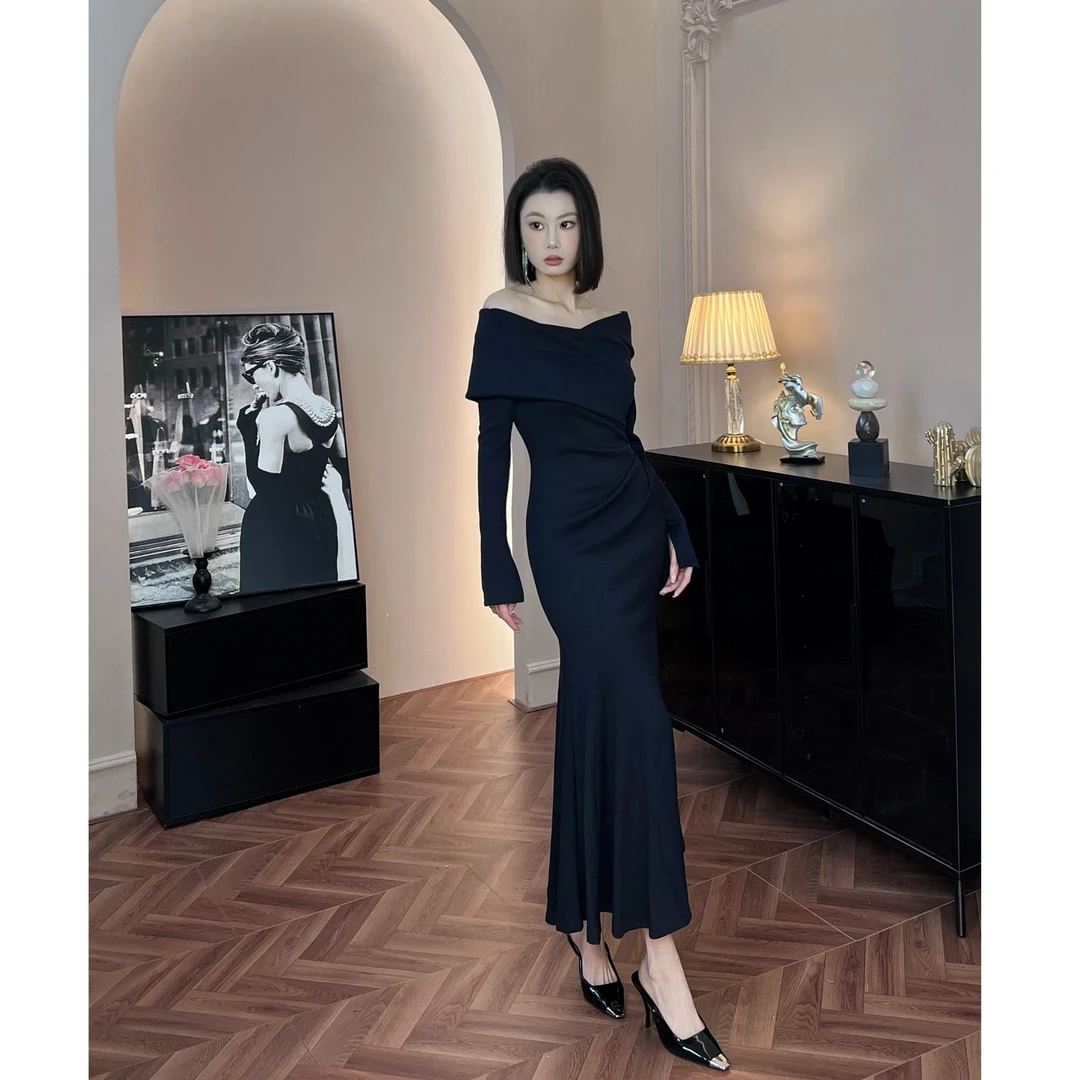 收腰长袖包臀小众露肩秋冬修身秋冬褶皱拉链高弹力连衣裙 45026