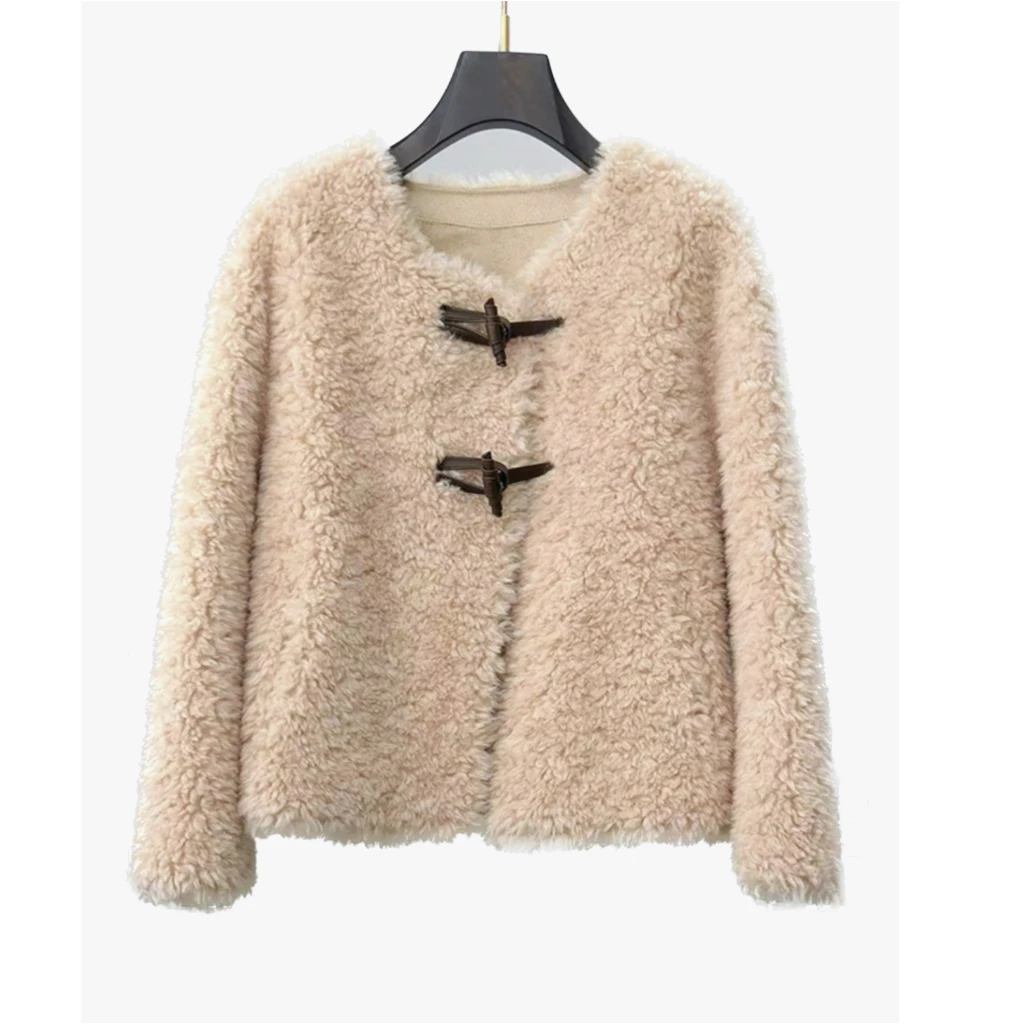 【球球专属】韩系牛角扣羊羔毛外套女宽松短款羊毛一体外套240087