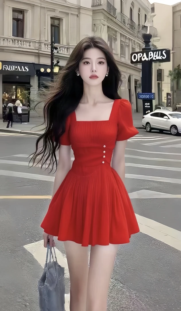 新款时尚温柔甜美风红色方领短袖收腰连衣裙女高端大气氛围感女装