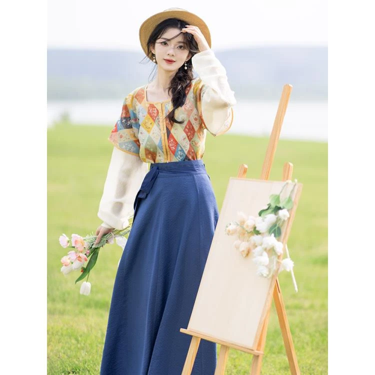 池夏618现货【花间事:花满唐】唐制天丝半臂圆领衫交窬裙原创汉服女