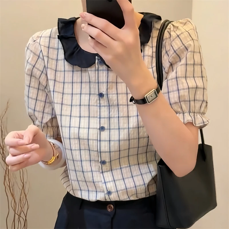 短袖娃娃领休闲夏季不褪色衬衫格纹格子衬衫上衣