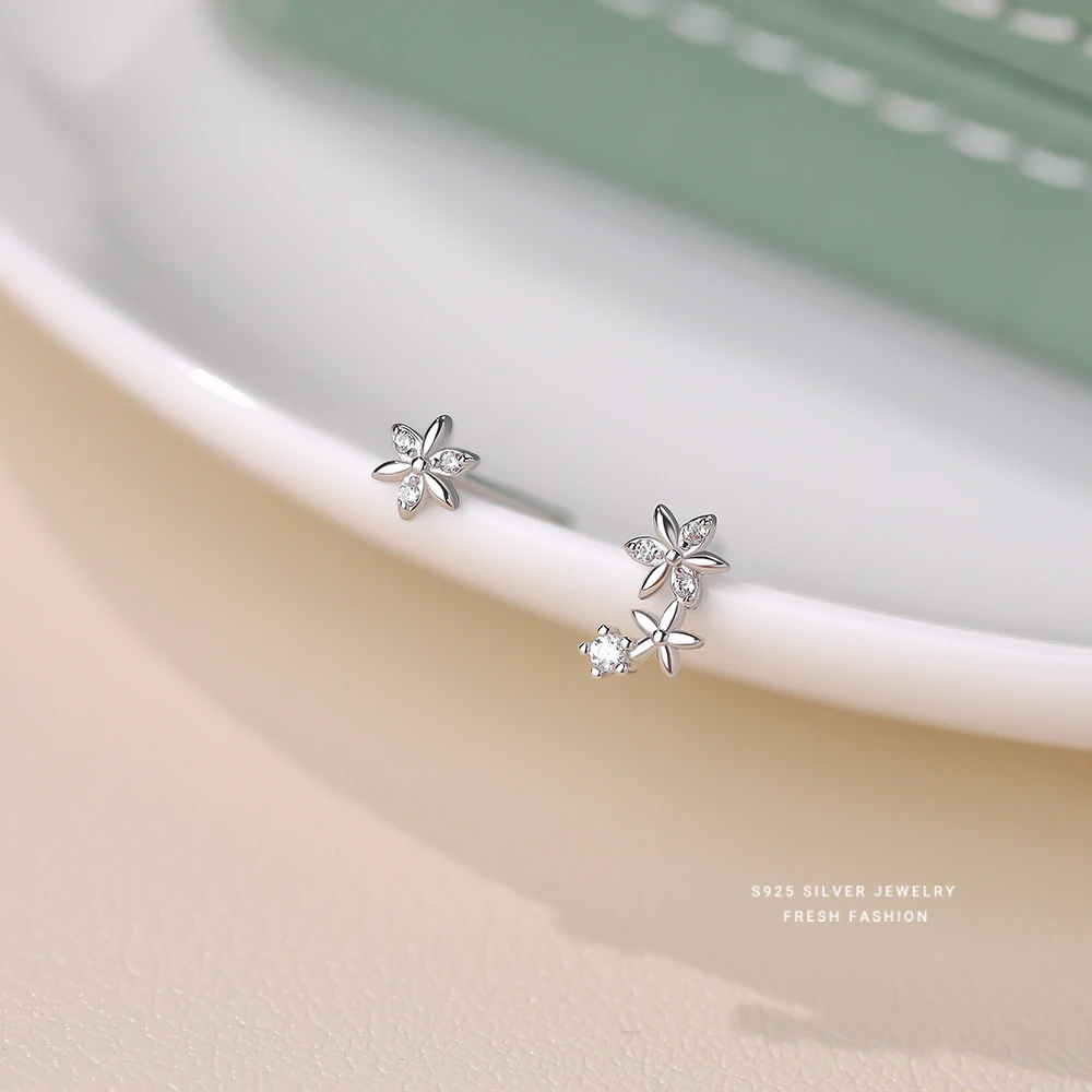 925银耳饰 森系小清新花朵耳钉女简约百搭养耳洞学生不对称耳饰