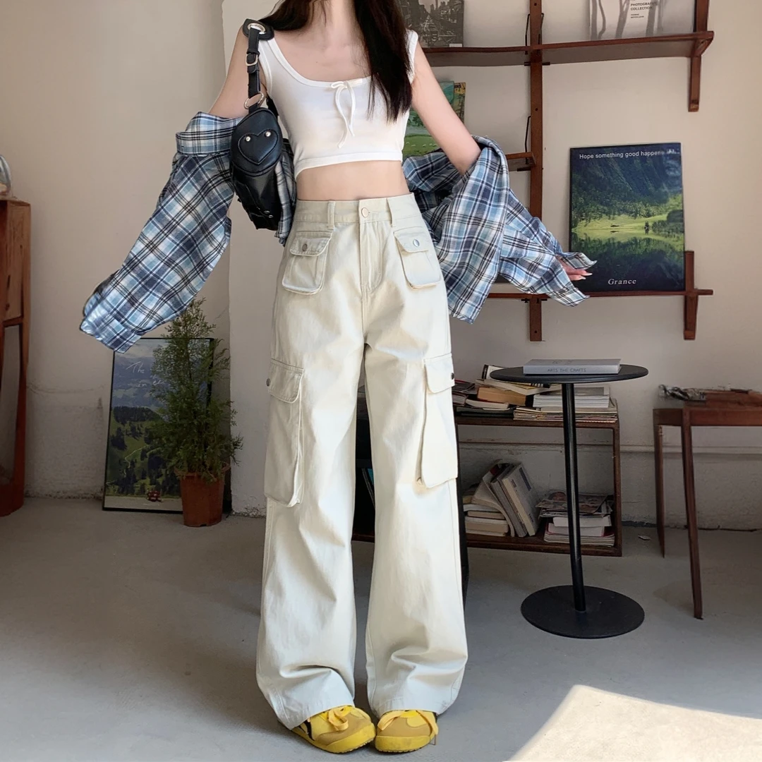 美式复古新款沙白色水洗牛仔裤女春季时尚百搭高腰显瘦直筒休闲裤
