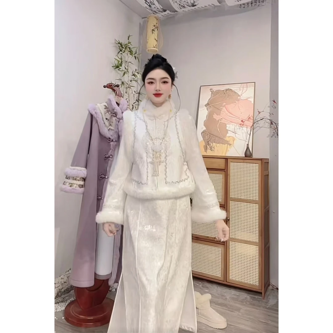 夏维莲2024冬季新款加绒中式长款复古月白女装裙（6523+6524）