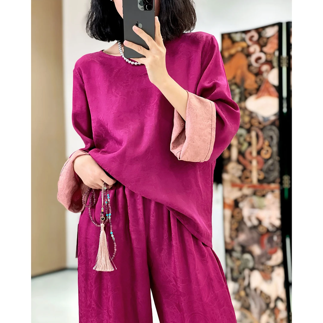 《DY1808》樱美嘉真丝100桑蚕丝双面穿衬衫圆领长袖T恤百搭显瘦