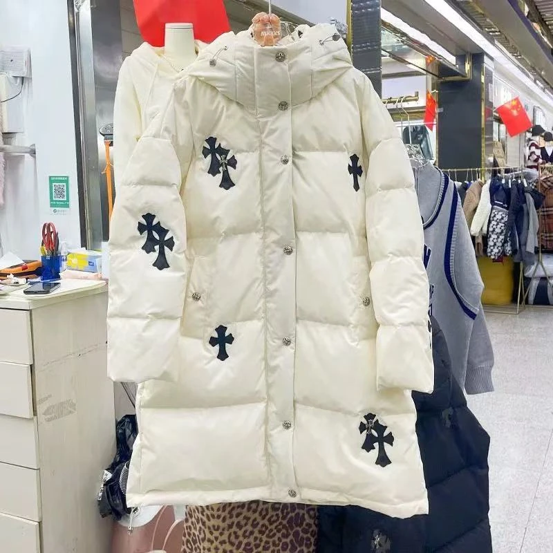 法式潮牌皮标刺绣连帽羽绒服女冬加厚保暖中长款外套-JCKC2207