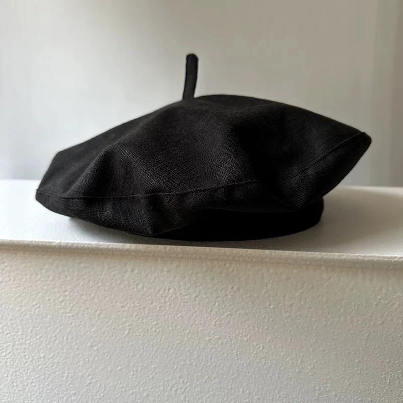 【球球定制】春夏黑色贝雷帽子女亚麻透气飞碟帽百搭画家帽25010