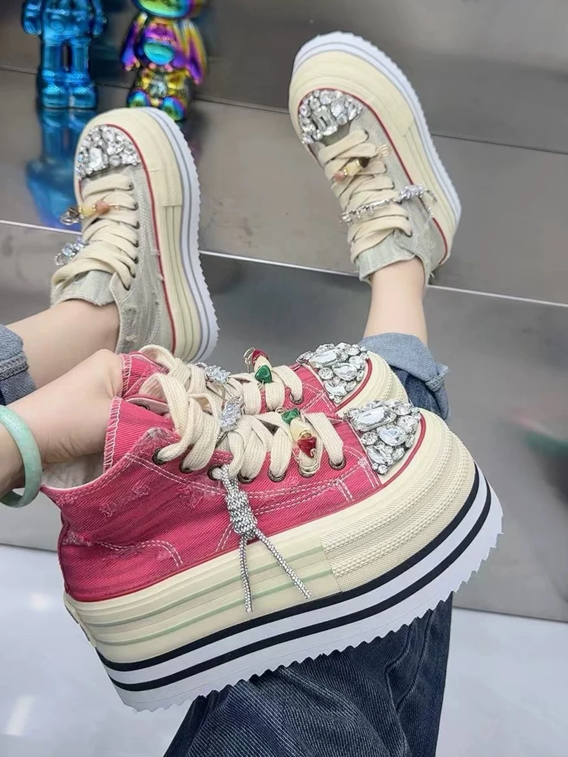 春季潮流百搭厚底时尚低帮韩版镶嵌水钻高品质帆布鞋