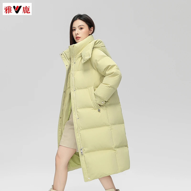 V/雅鹿2025冬季新款羽绒服女长款连帽加厚保暖外套简约百搭冬装潮