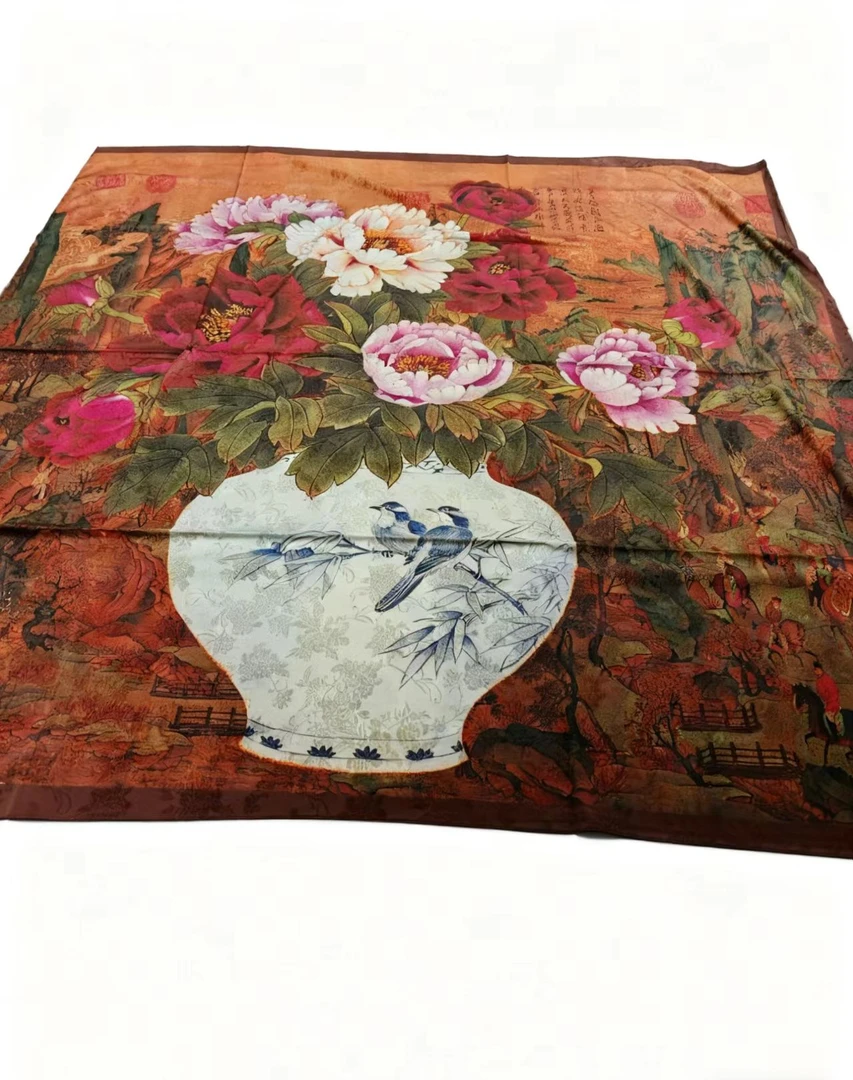 XC-205  瑕疵牡丹花瓶印花 140*140左右围巾