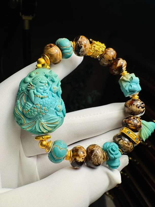 S032402抚顺干白绿松石美人鱼18K手串