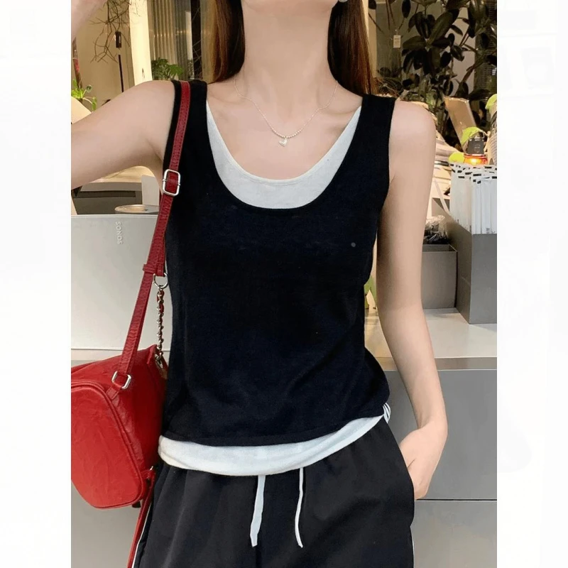 艾格春夏季假两件吊带背心女大码宽松显瘦内搭外穿遮副乳无袖