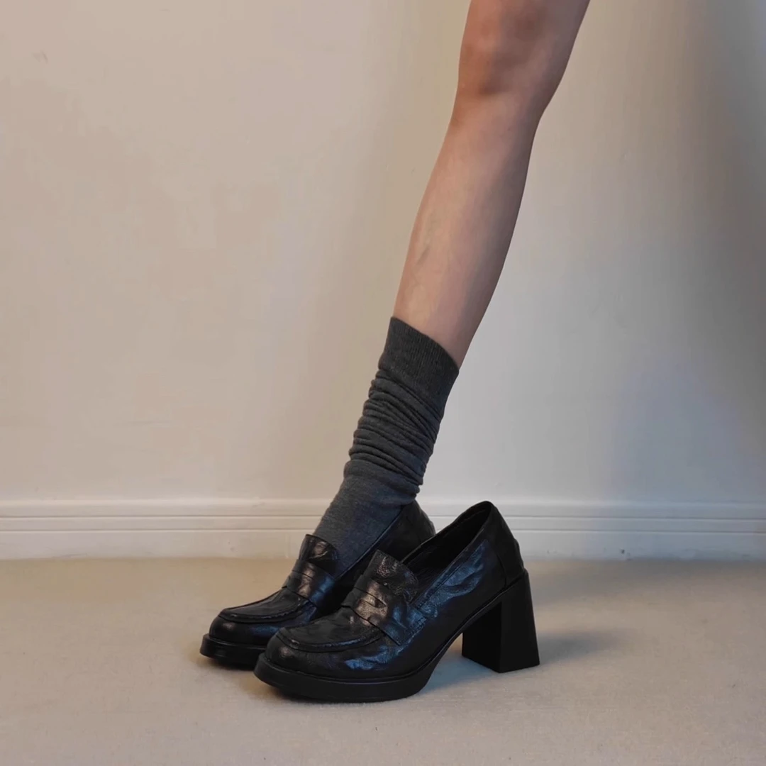 羊皮版~高跟乐福鞋女复古百搭小皮鞋黑色简约一脚蹬通勤静音单鞋