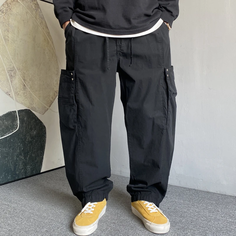 春夏季美式休闲痞帅户外大口袋工装裤男直筒宽松抽绳阔腿裤子纯棉