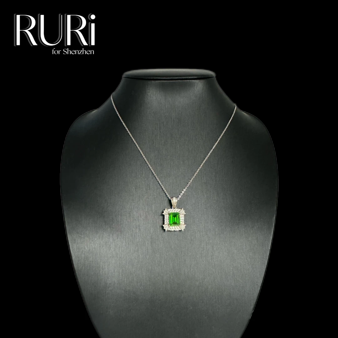 坠链均925银合成锆石 RURI 简约时尚小方形镶嵌绿石项链 A0233