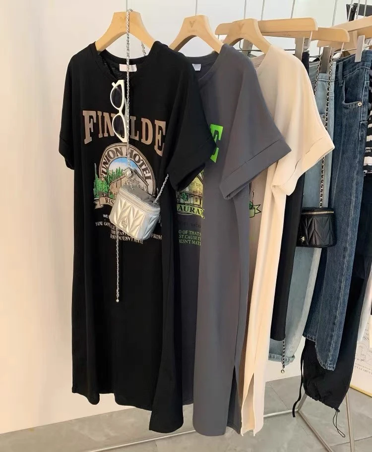 【现】往事～#9227休闲创意印花字母遮肉宽松大版长款T恤连衣裙②