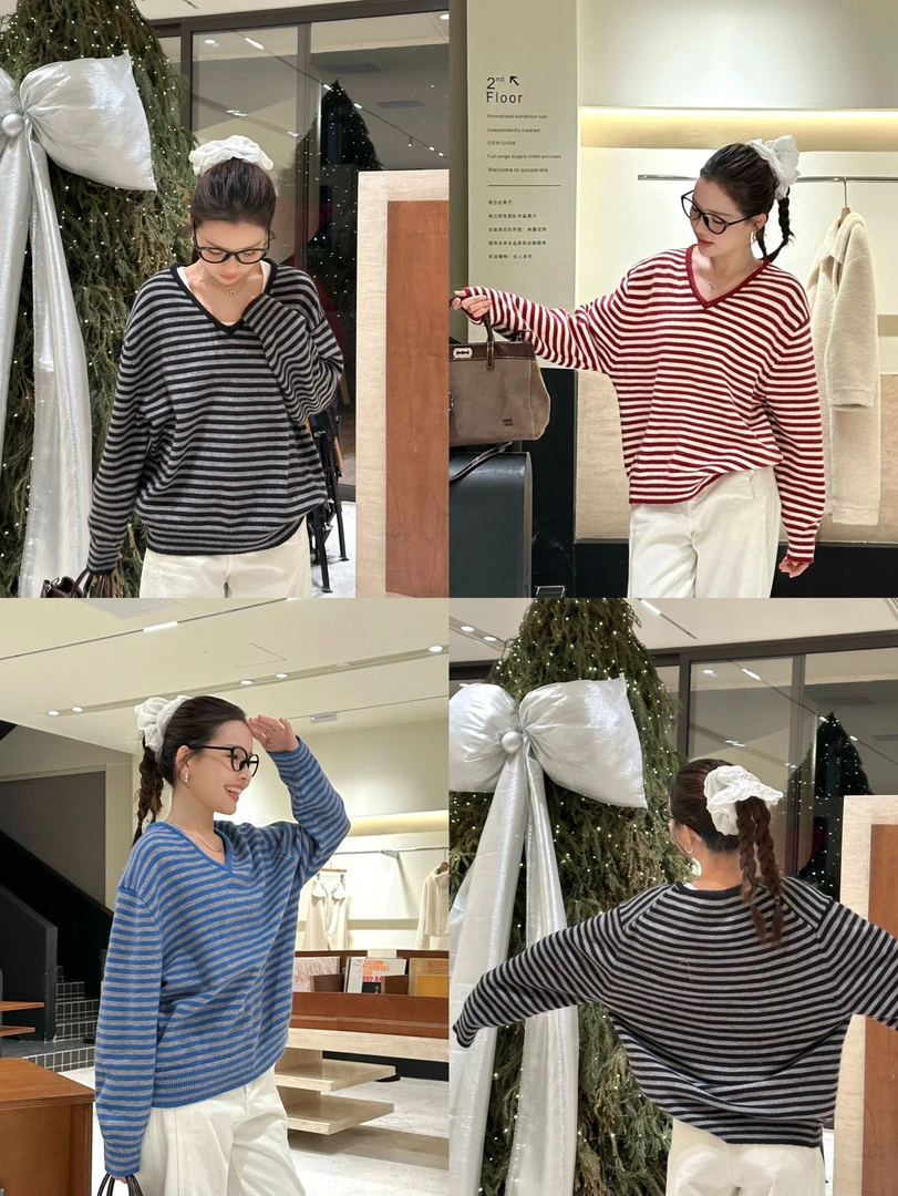 【现货】 新款气质百搭小众设计感V领撞色条纹长袖上衣