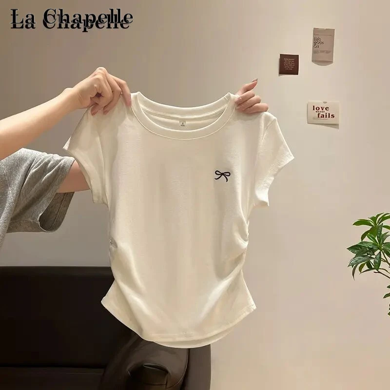 拉夏贝尔白色蝴蝶结刺绣正肩圆领短袖T恤女夏季修身短款t恤上衣