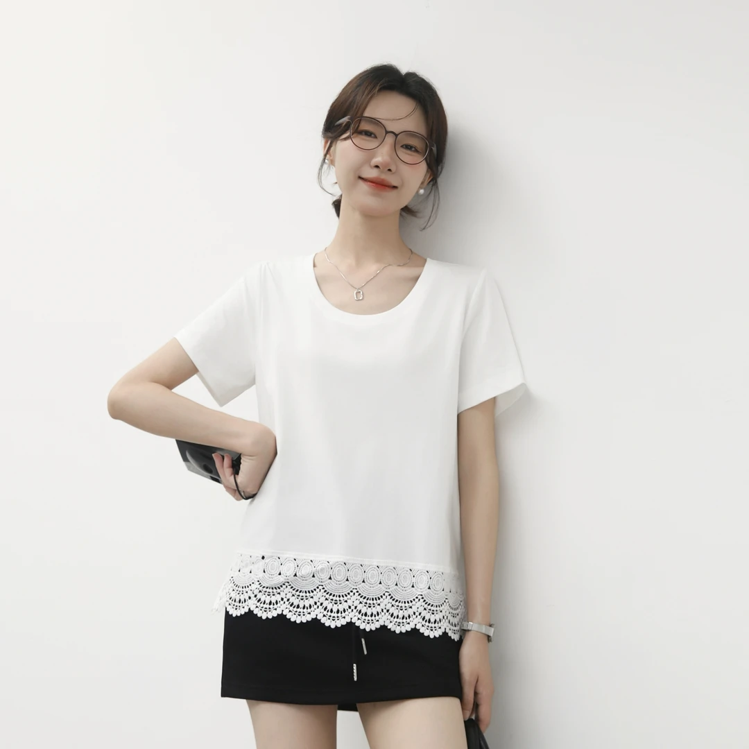 时尚短袖T恤波浪纯色森系通勤拼蕾丝U型领白色江南风设计感露锁骨