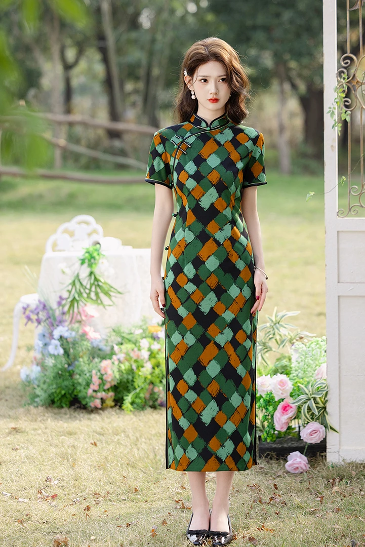旗袍 长款  短袖（衣长约120cm）格子款  C523