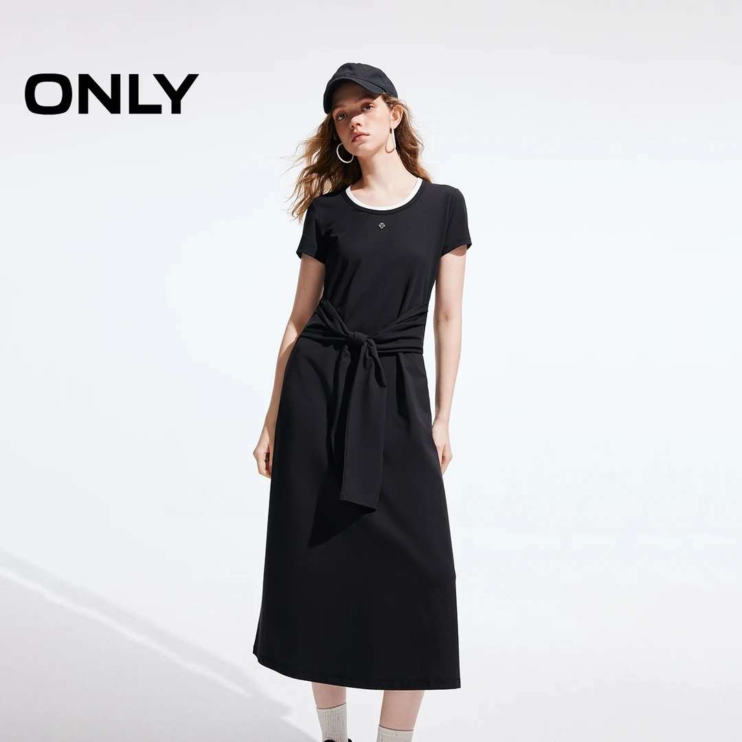 ONLY2025春季新款潮流撞色拼接U领假两件长裙连衣裙女|125161002