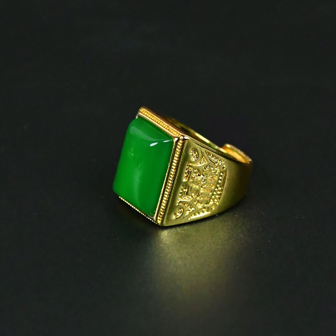 【H82无事牌戒指】绿色镶嵌无事牌男戒指简约百搭素款戒指