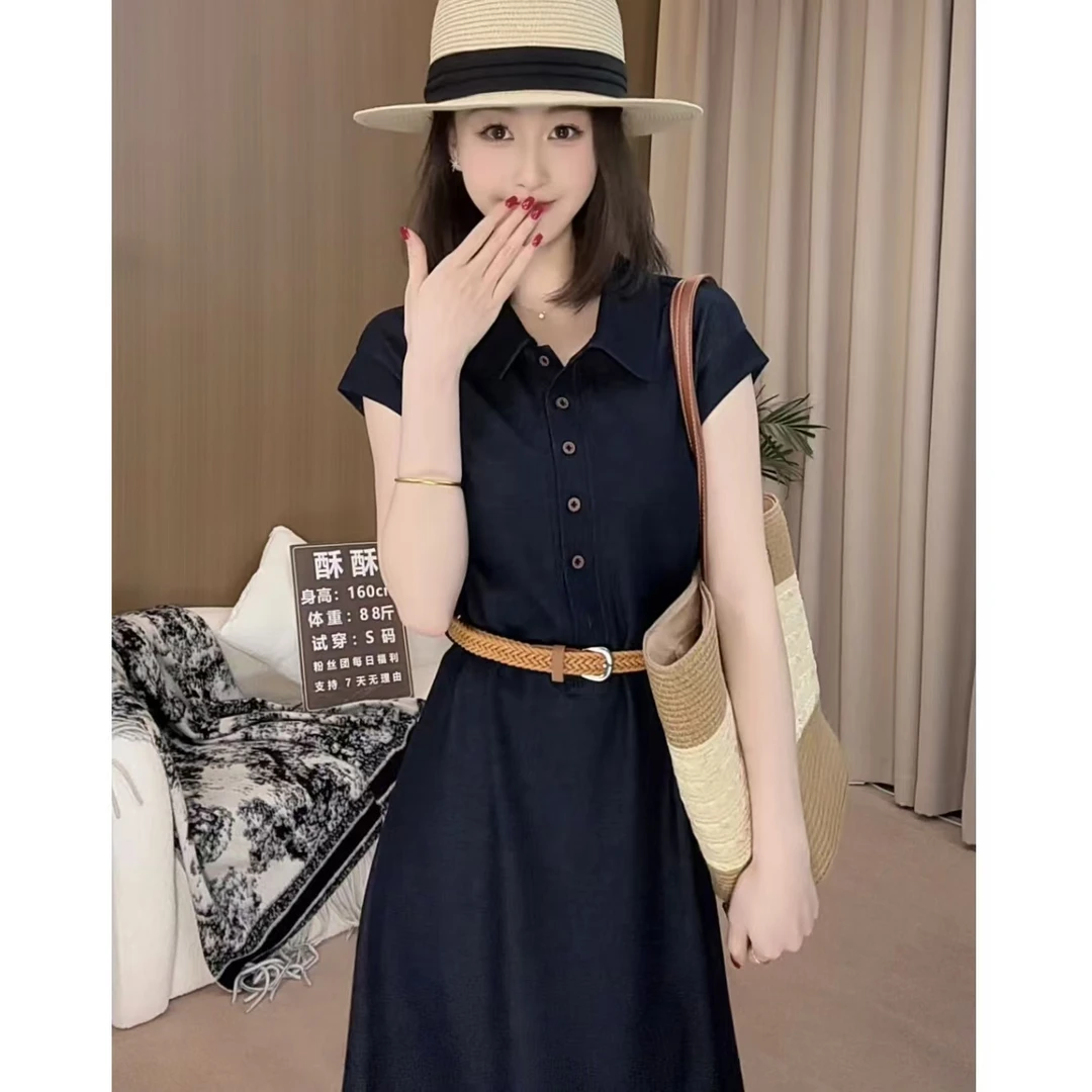 酥酥03款气质收腰POLO领软牛仔设计感显瘦时尚连衣裙＋腰带两件套