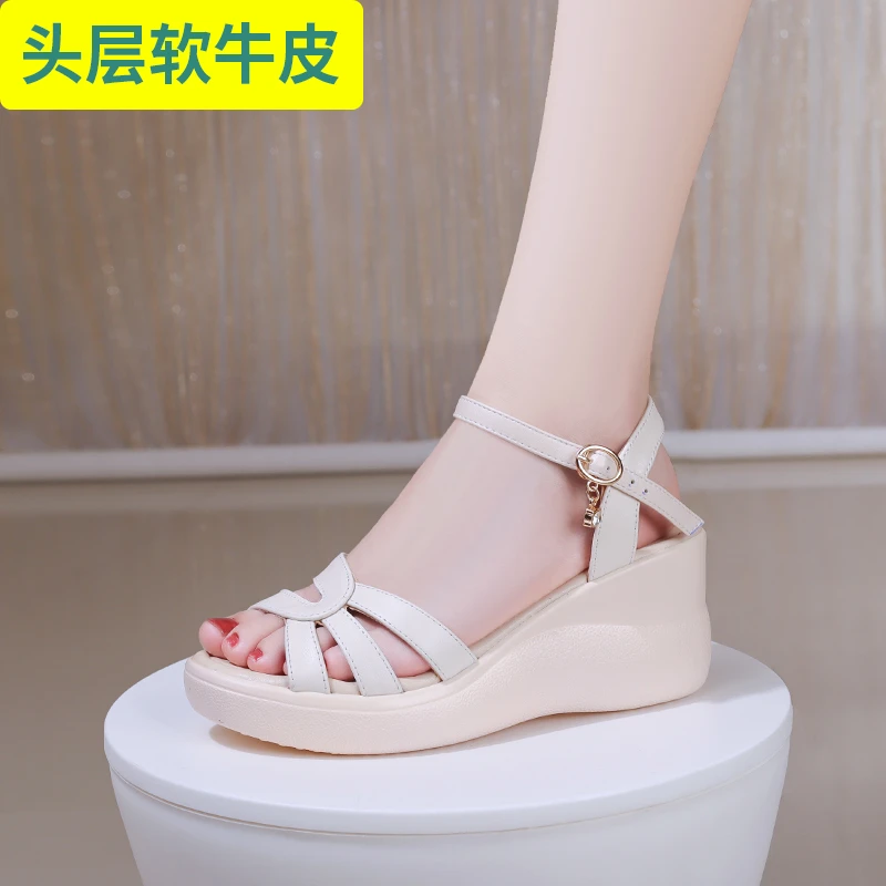 夏季牛皮时尚坡跟松糕凉鞋百搭网纱防水台休闲真皮中跟露趾女鞋子