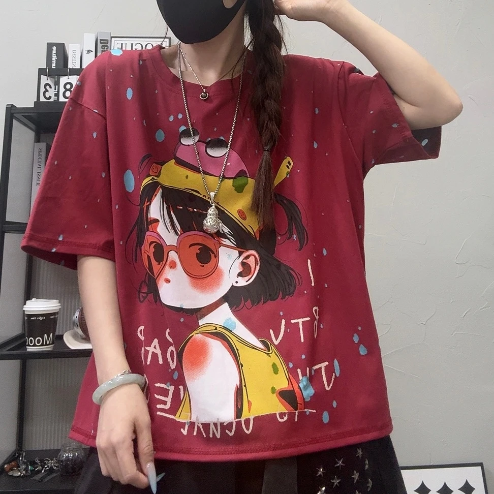 6821夏季新款宽松休闲百搭卡通女孩烧花T恤