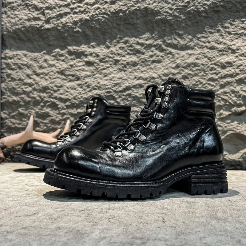 水洗马皮马丁靴男高级感原创高端固特异手工男士短靴厚底沙漠靴潮