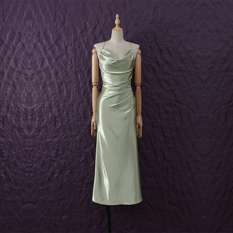 法式复古名媛气质性感露背修身显瘦缎面褶皱包臀吊带荡领连衣裙仙
