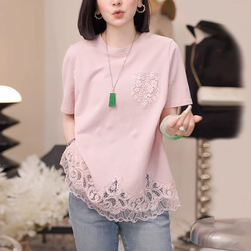 2025夏季粉色t恤女短袖新款时尚蕾丝减龄宽松显瘦设计感镂空上衣