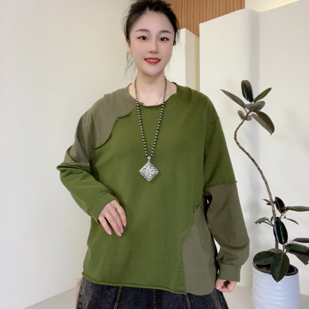 春季新款拼接拼色套头不褪色常规卫衣时尚韩版假两件撞色上衣宽松