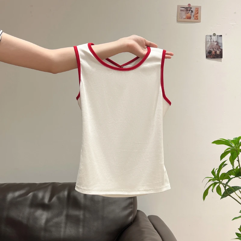 白色美式辣妹撞色圆领小吊带背心女夏后背镂空美背无袖上衣