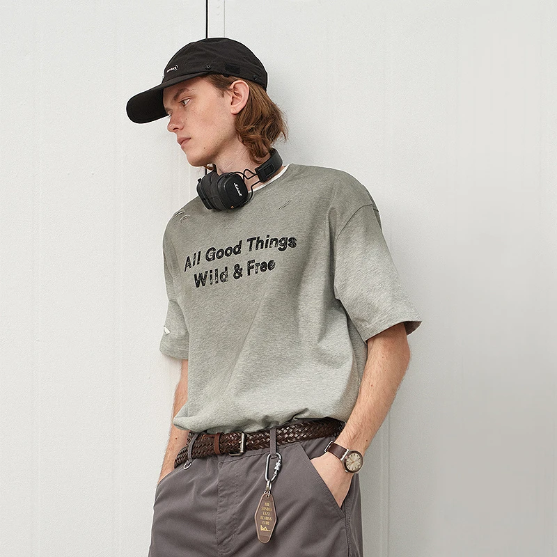 714street夏季新款重磅260g水洗破洞印花宽松短袖T恤情侣装511834