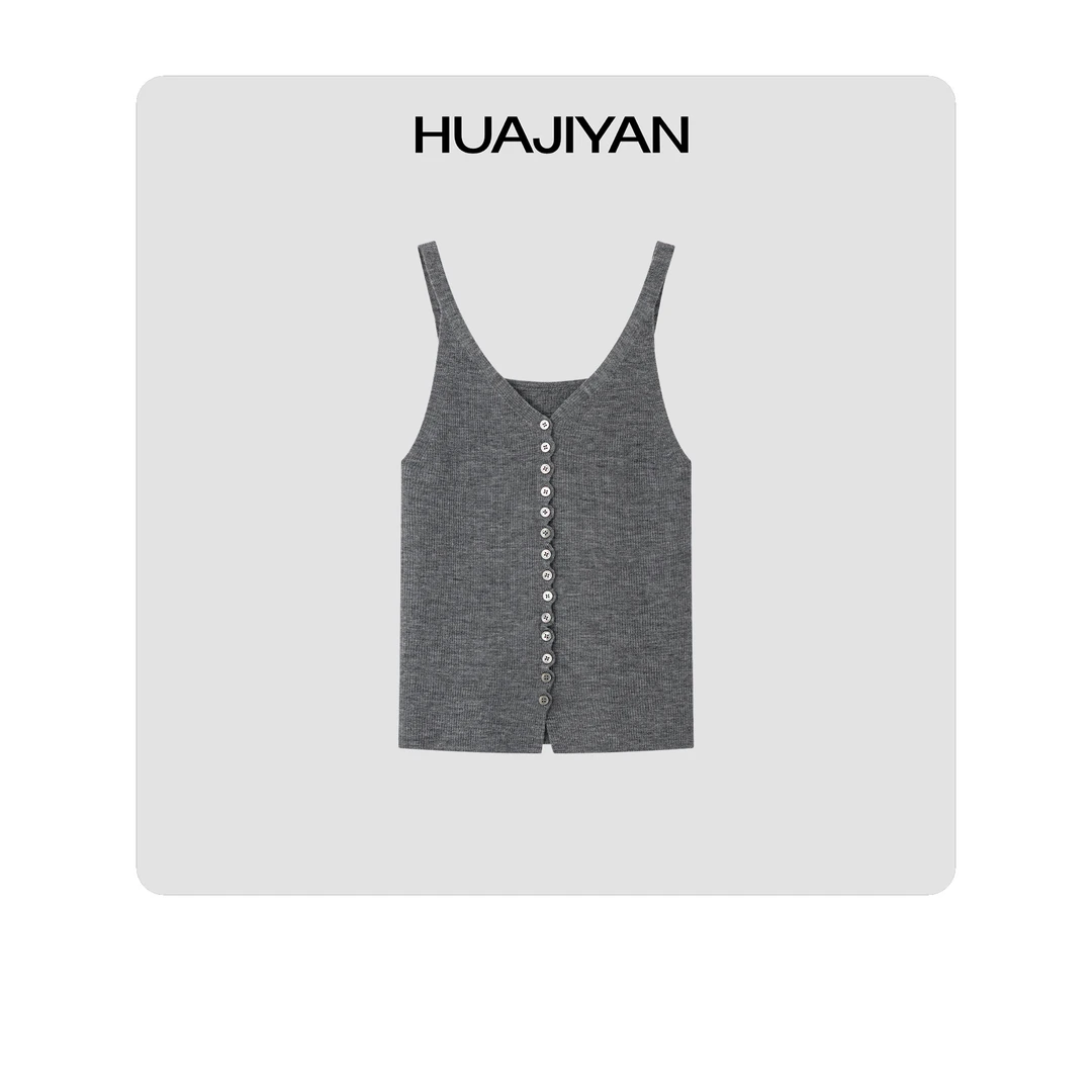 华吉言/HUAJIYAN【标点】100羊毛贝壳扣V领吊带背心