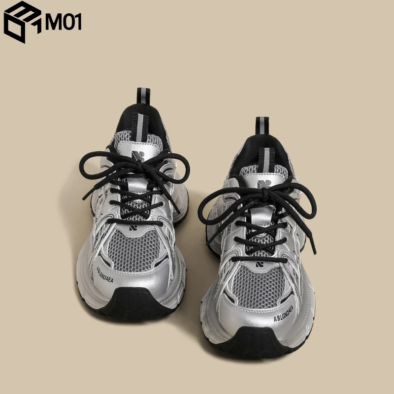 M01厚底老爹鞋女2025春季新款银色小个子配阔腿裤爆款增高运动鞋