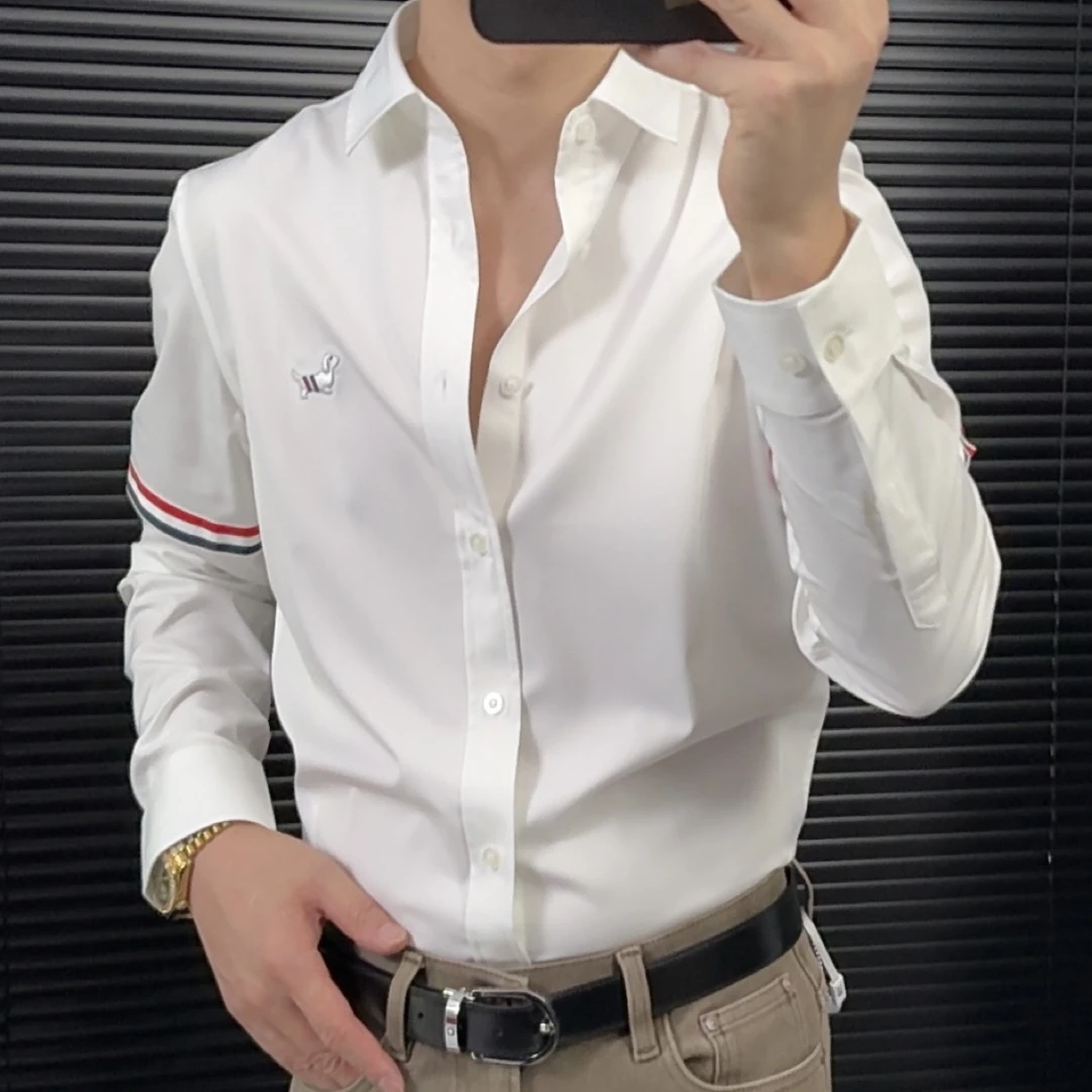 男士修身百搭时尚长袖白色刺绣衬衫商务休闲西装内搭