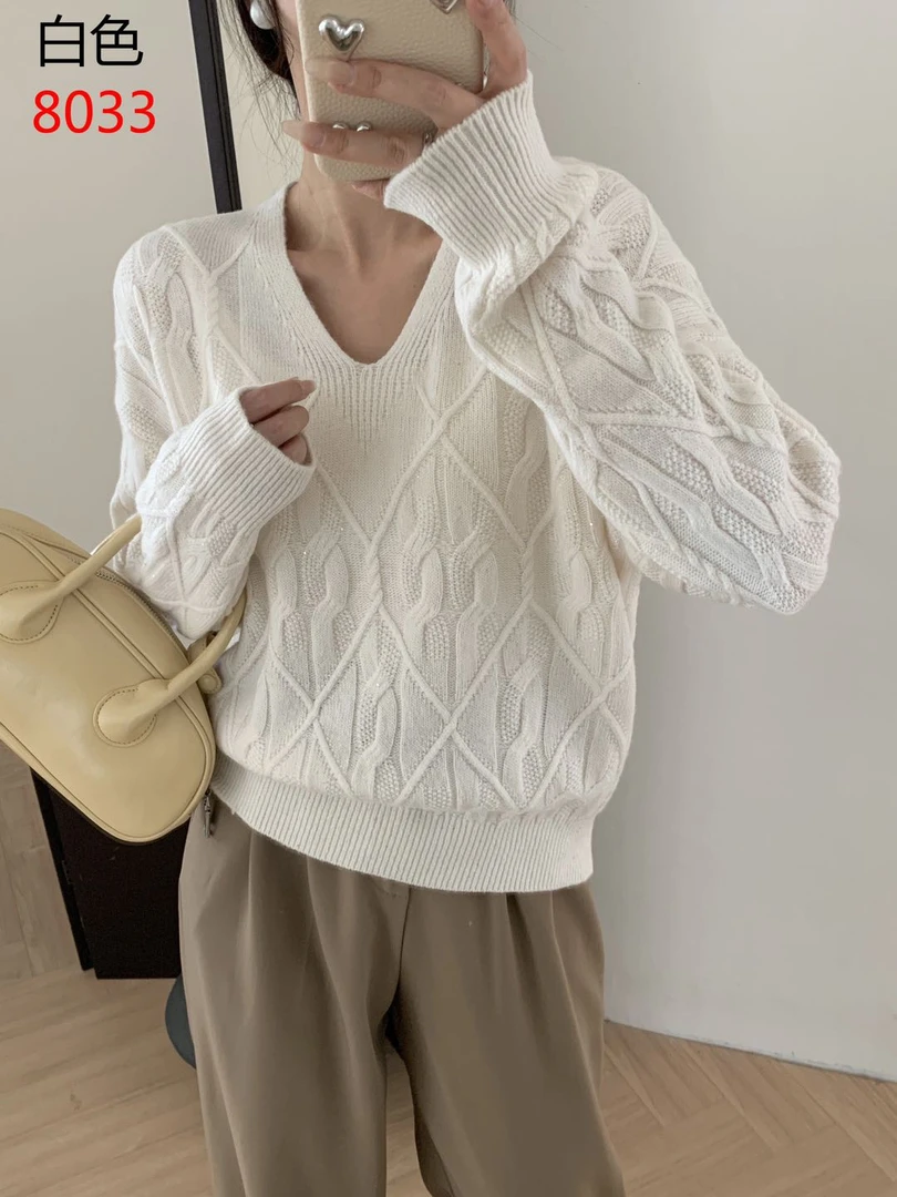 msy100羊毛V领长袖重工绞花珠片纱羊毛衫8033