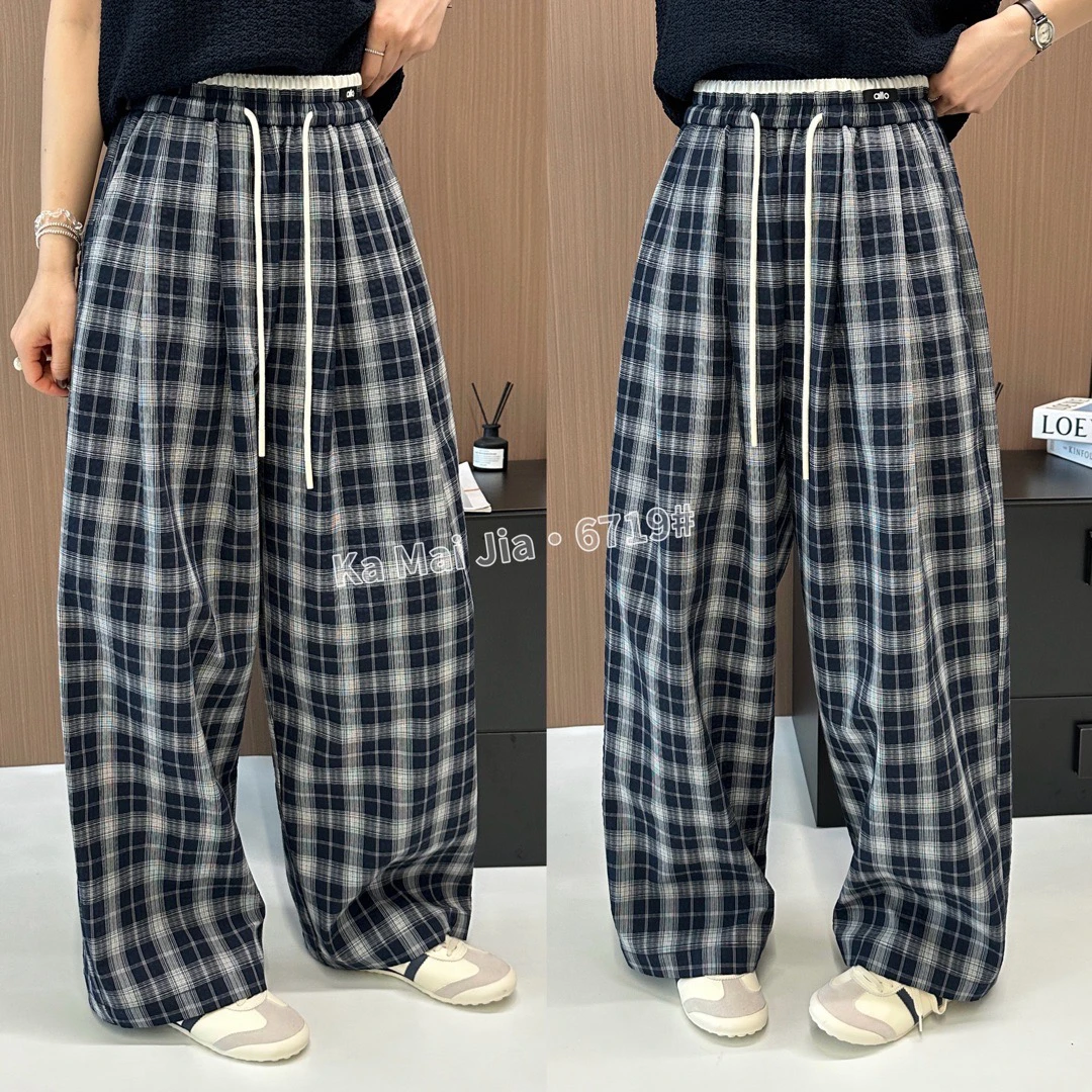 新款韩版百搭修身松紧腰抽绳格子阔腿休闲裤