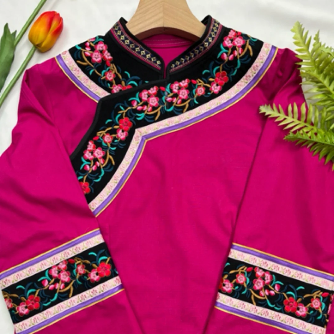 少数民族服装壮族布依族玫红色土布复古重工刺绣上衣