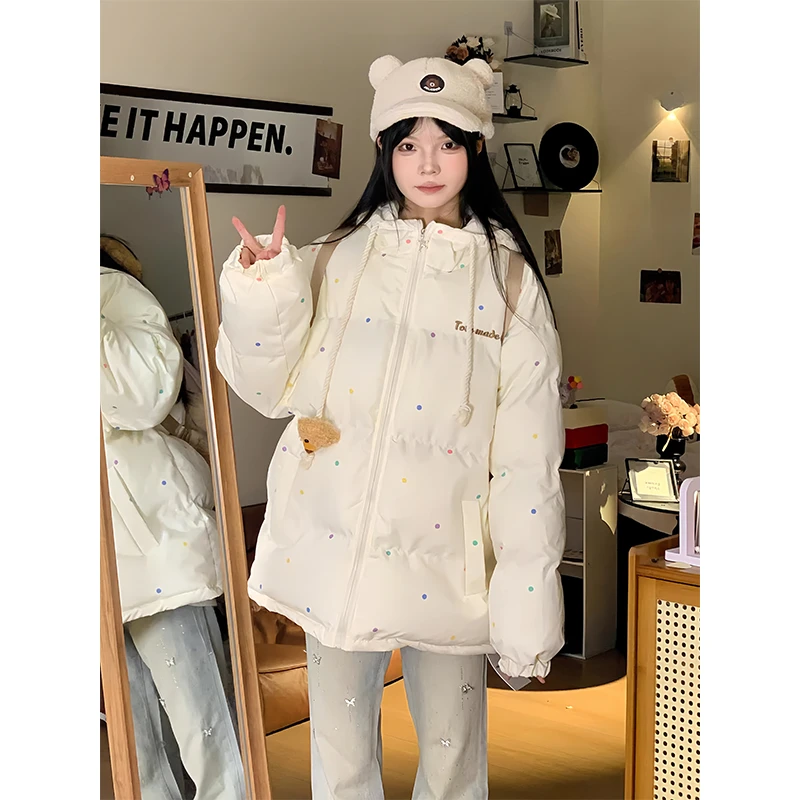 FOPJ韩版学院风小熊公仔棉服女秋冬季宽松加厚保暖面包服印花外套