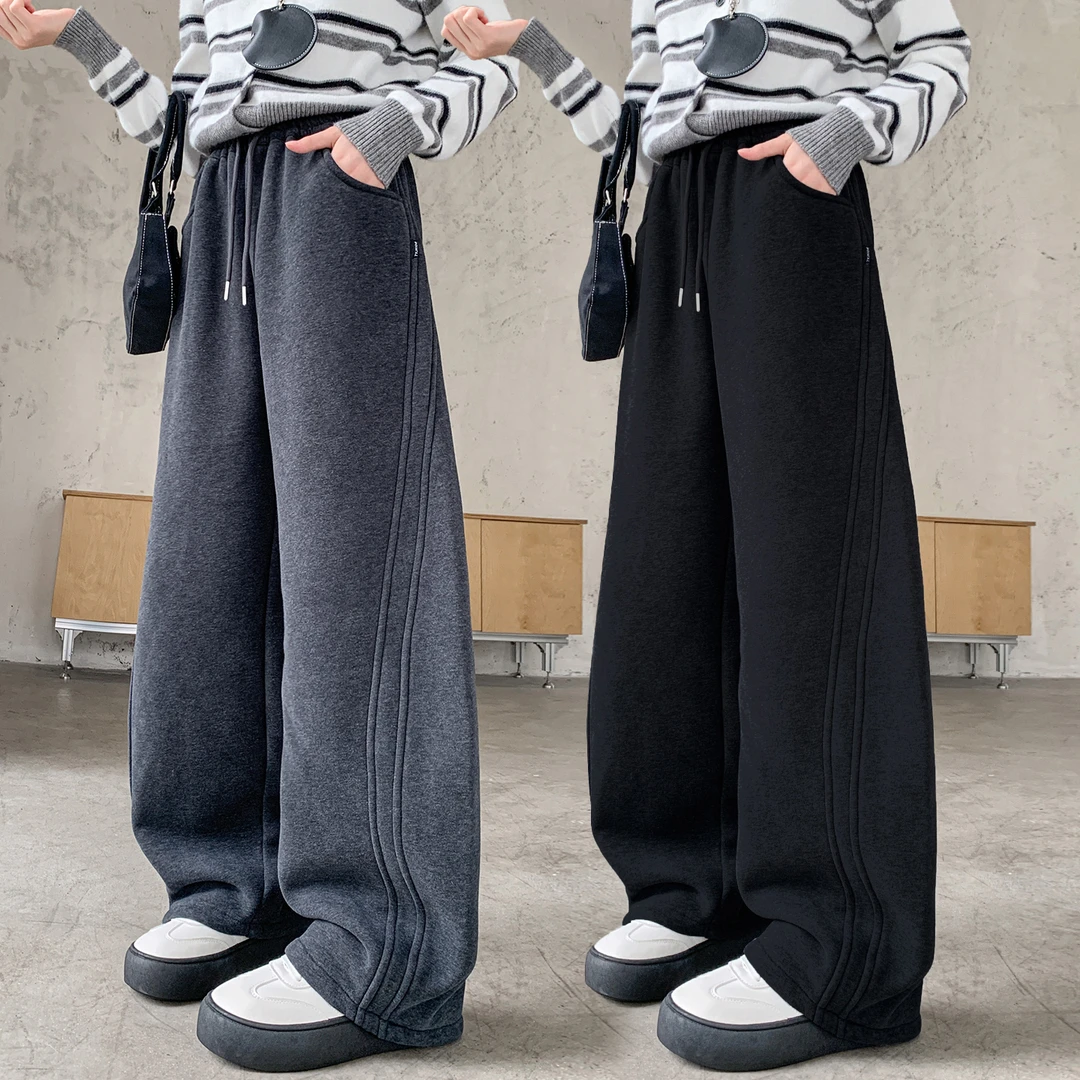 女童加绒裤子初中生直筒黑色灰色胖孩阔腿儿童大童休闲运动卫裤厚