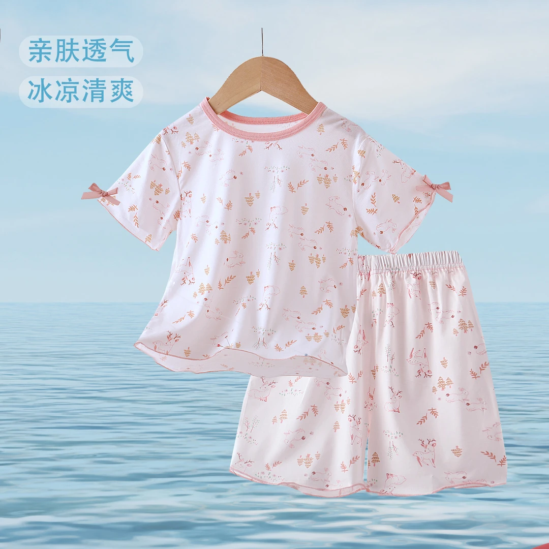 粉仙紫莫代尔儿童家居空调服俩件套女童甜美可爱宽松花边蝴蝶结