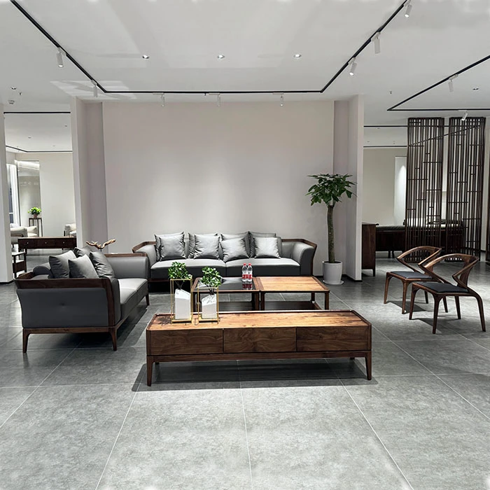 北美黑胡桃木沙发新中式客厅会所实木家具别墅轻奢真皮沙发定制