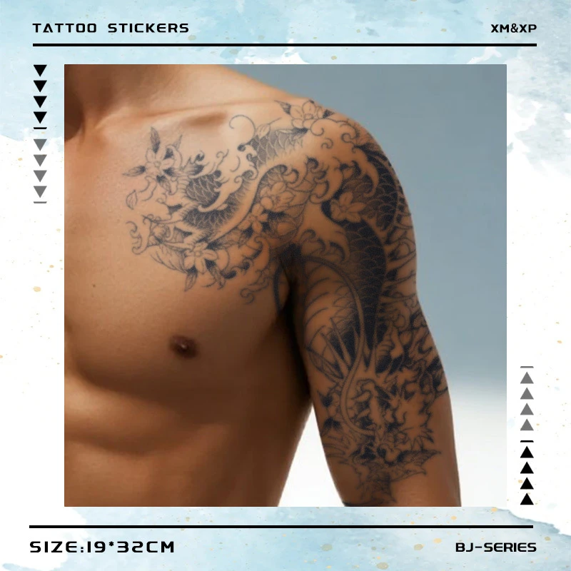 海浪龙腾草本纹身贴纸防水持久半永久不反光半甲过肩可洗逼真个性