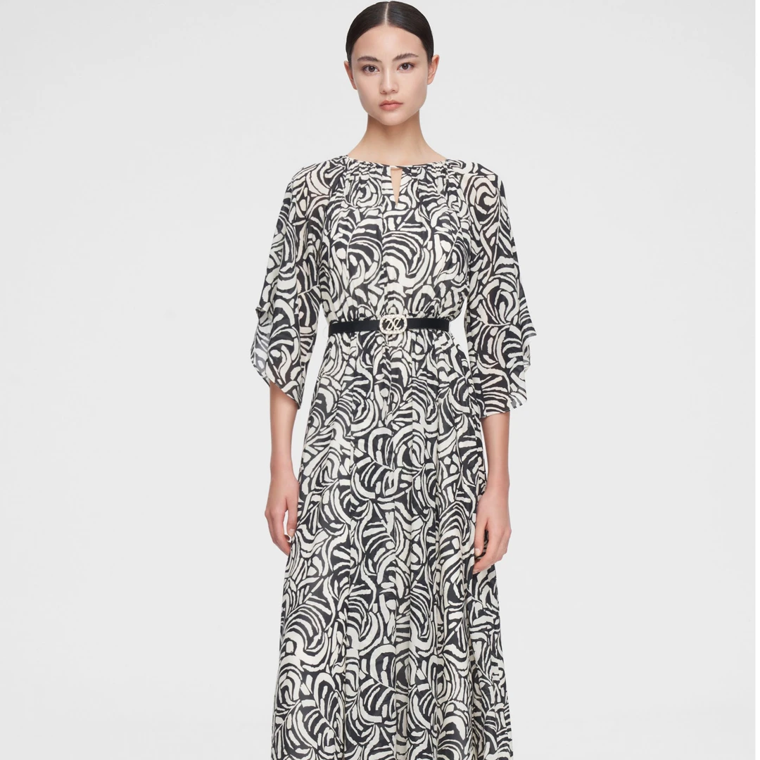 ELLASSAY歌力思夏季新款桑蚕丝黑白迷宫连衣裙EWF352Y17700